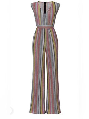 Striped Wide-Leg Glitzy Disco 70s Jumpsuit in Pink, Gray & Green